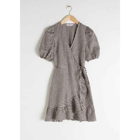 & Other Store Brown Gingham Mini Wrap Dress Size 8 - Picture 2 of 13